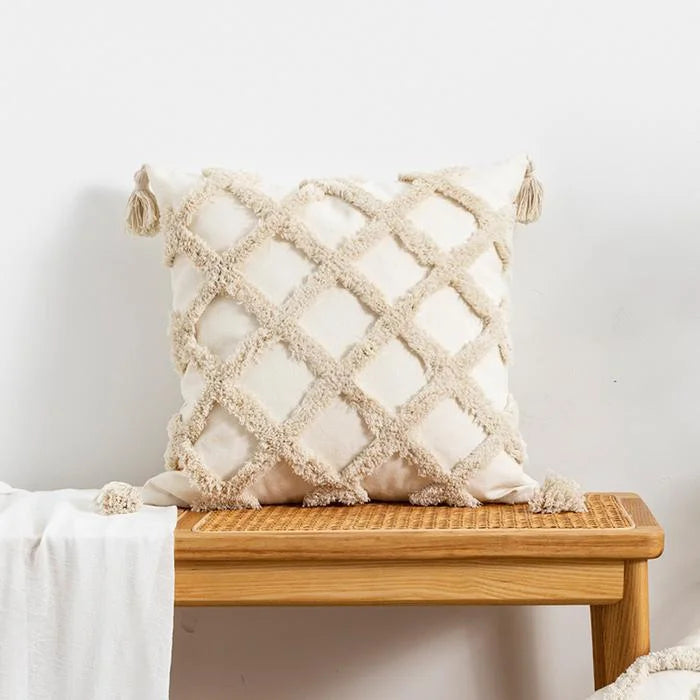 Nordic Blue Tufted Cushion Cover Geometric Stripe Grid Crochet Tassels Pillow Cover Decorative Home Decorative Cushions for Sofa
