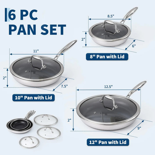 6Pcs Tri-Ply Stainless Steel Frying Pan Set Honeycomb Non-Stick Skillet With Glass Lids Induction Cookware Set