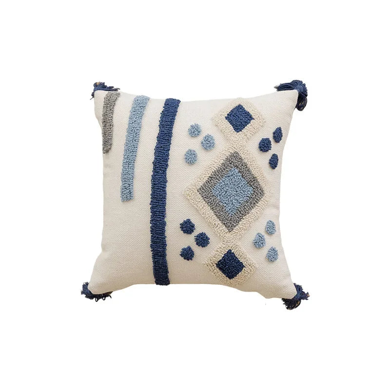 Nordic Blue Tufted Cushion Cover Geometric Stripe Grid Crochet Tassels Pillow Cover Decorative Home Decorative Cushions for Sofa