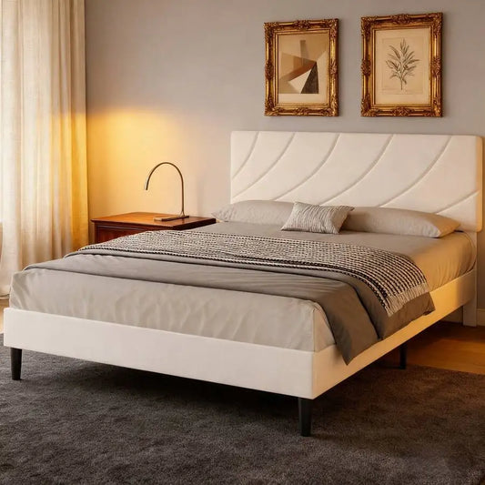 Queen Upholstered Bed Frame With Headboard, Modern Linen Fabric Platform Bed, Adjustable Headboard, No Box Spring Needed, Easy Assembly, Twin/Full/Queen, Black/Blue/Pink/White