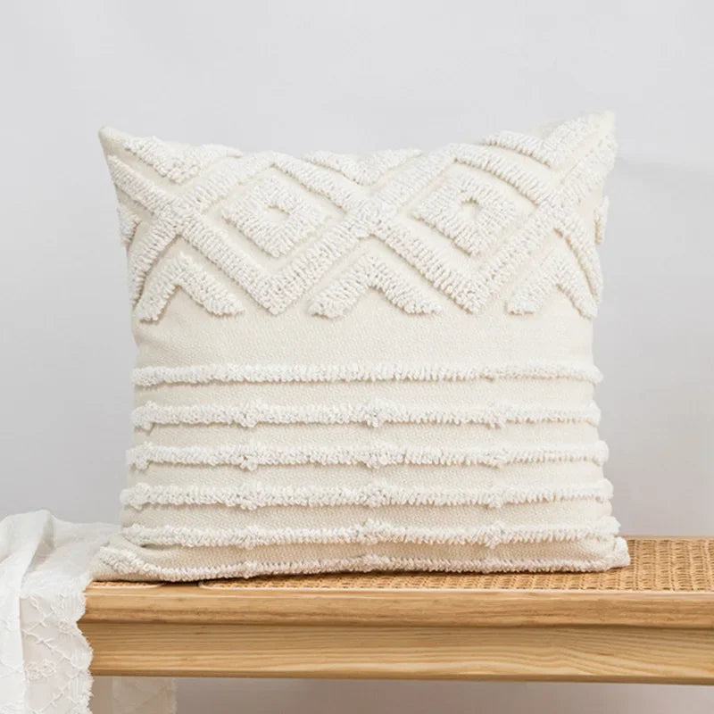 Nordic Blue Tufted Cushion Cover Geometric Stripe Grid Crochet Tassels Pillow Cover Decorative Home Decorative Cushions for Sofa