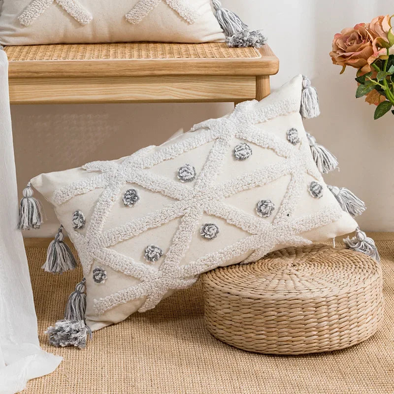 Nordic Blue Tufted Cushion Cover Geometric Stripe Grid Crochet Tassels Pillow Cover Decorative Home Decorative Cushions for Sofa
