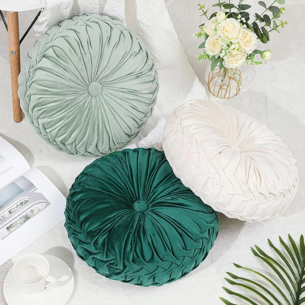 Round Throw Pillows Decorative Velvet Pleated Throw Pillows 15'' Diameter Accent Pumpkin Boho Chair Cushion for Couch Sofa Chair