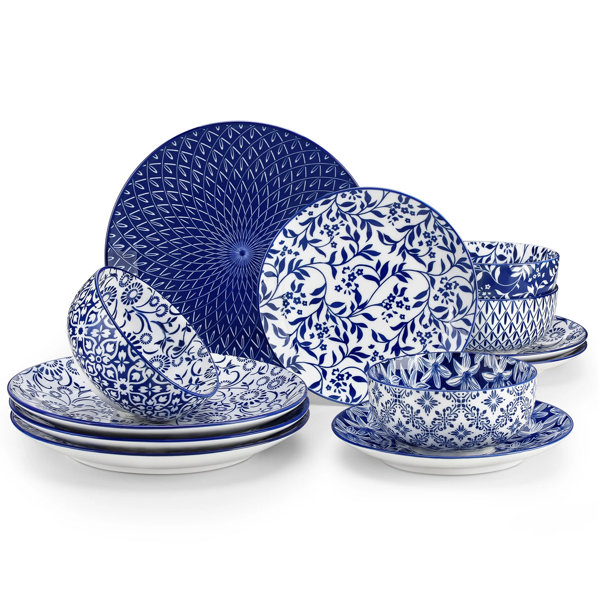 vancasso 12/24/36 Piece Blue and White Porcelain Plate Set Tableware Set with 4PCS Dinner Plate/Dessert Plate/Ceral Bowl