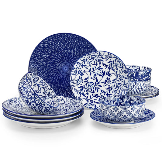 vancasso 12/24/36 Piece Blue and White Porcelain Plate Set Tableware Set with 4PCS Dinner Plate/Dessert Plate/Ceral Bowl