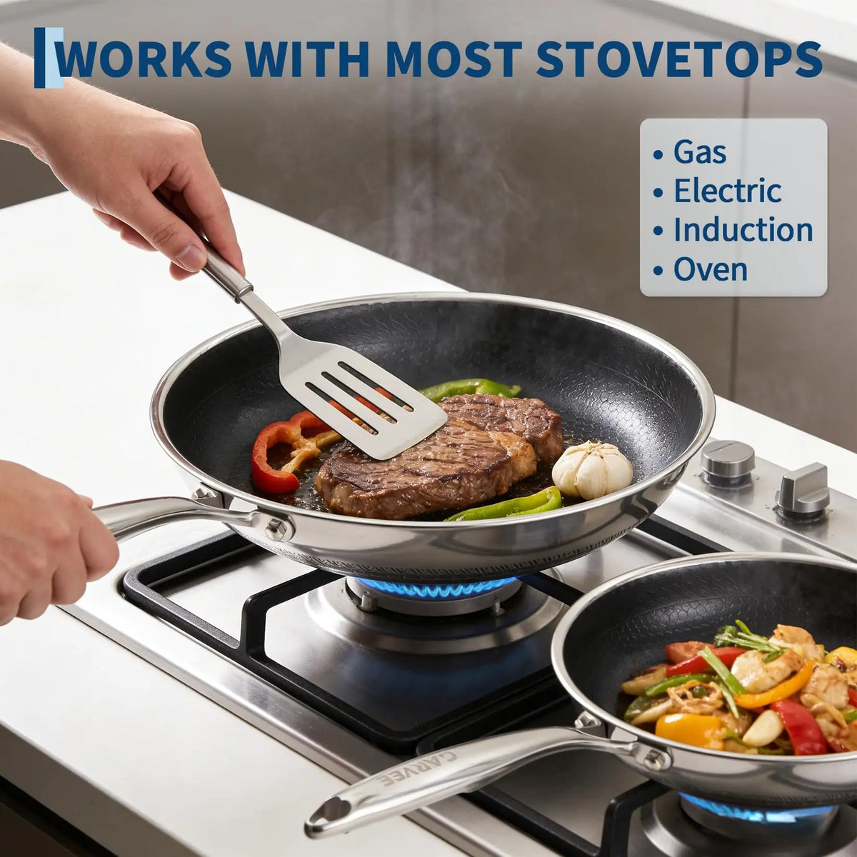 6Pcs Tri-Ply Stainless Steel Frying Pan Set Honeycomb Non-Stick Skillet With Glass Lids Induction Cookware Set