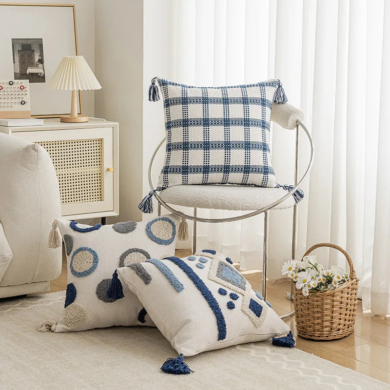 Nordic Blue Tufted Cushion Cover Geometric Stripe Grid Crochet Tassels Pillow Cover Decorative Home Decorative Cushions for Sofa