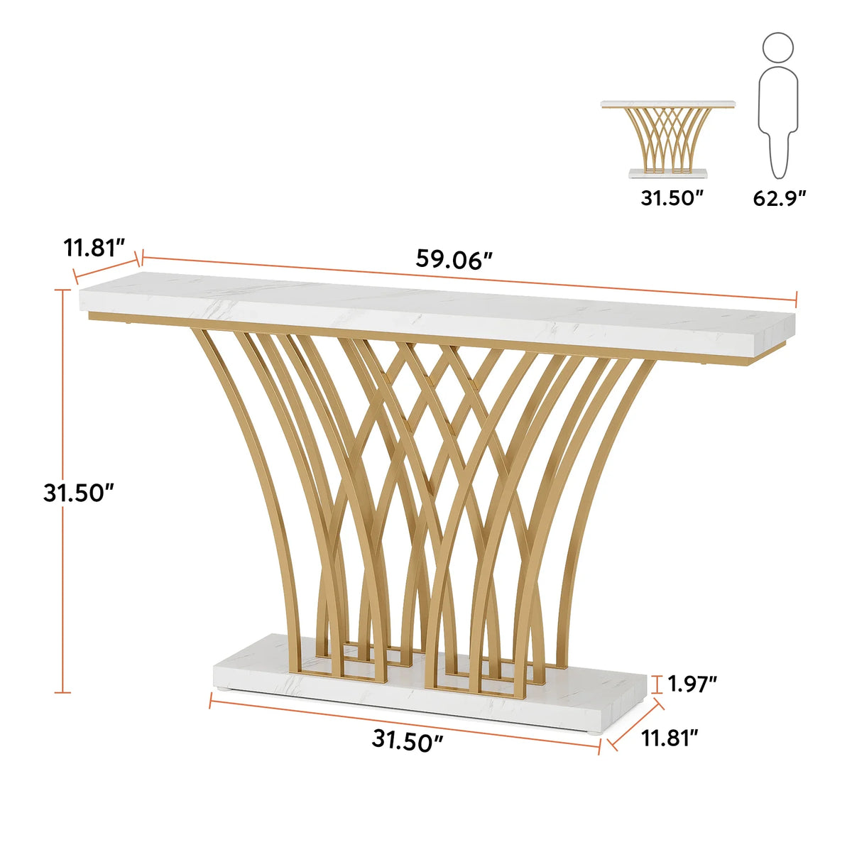 59 inch Gold Console Table, Modern Entryway Table with Grid-Shaped Metal Base for Entrance, Hallway, Entryway
