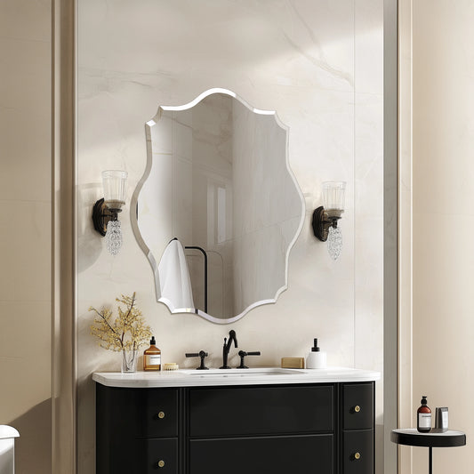Wisfor Wall Mirror Scalloped Frameless Beveled Edge Polished for Bathroom, Living Room, Vanity, Bedroom, Slive Mirror