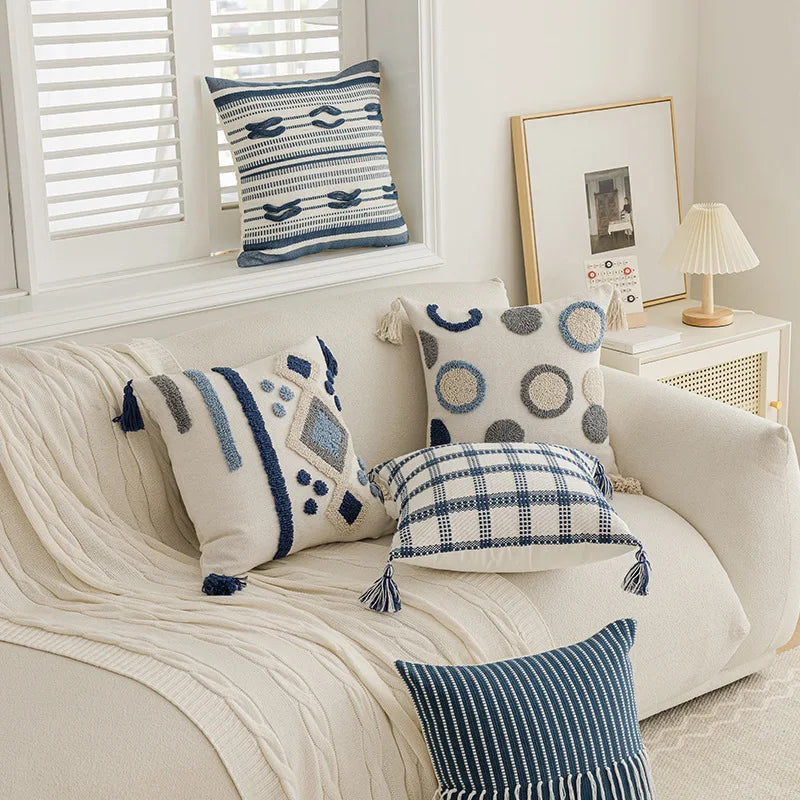 Nordic Blue Tufted Cushion Cover Geometric Stripe Grid Crochet Tassels Pillow Cover Decorative Home Decorative Cushions for Sofa