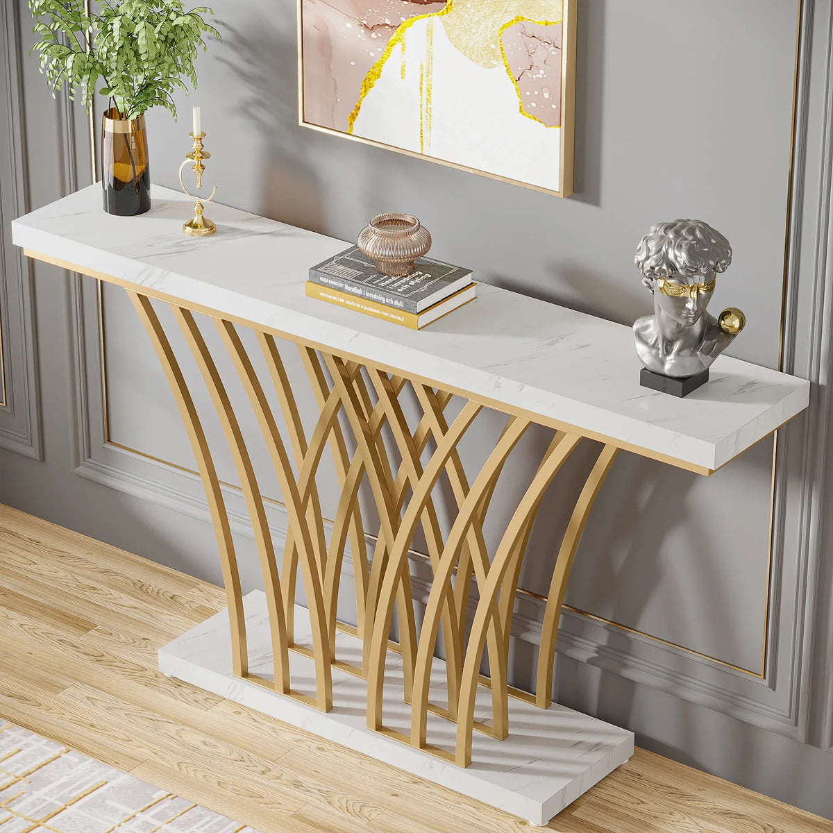 59 inch Gold Console Table, Modern Entryway Table with Grid-Shaped Metal Base for Entrance, Hallway, Entryway