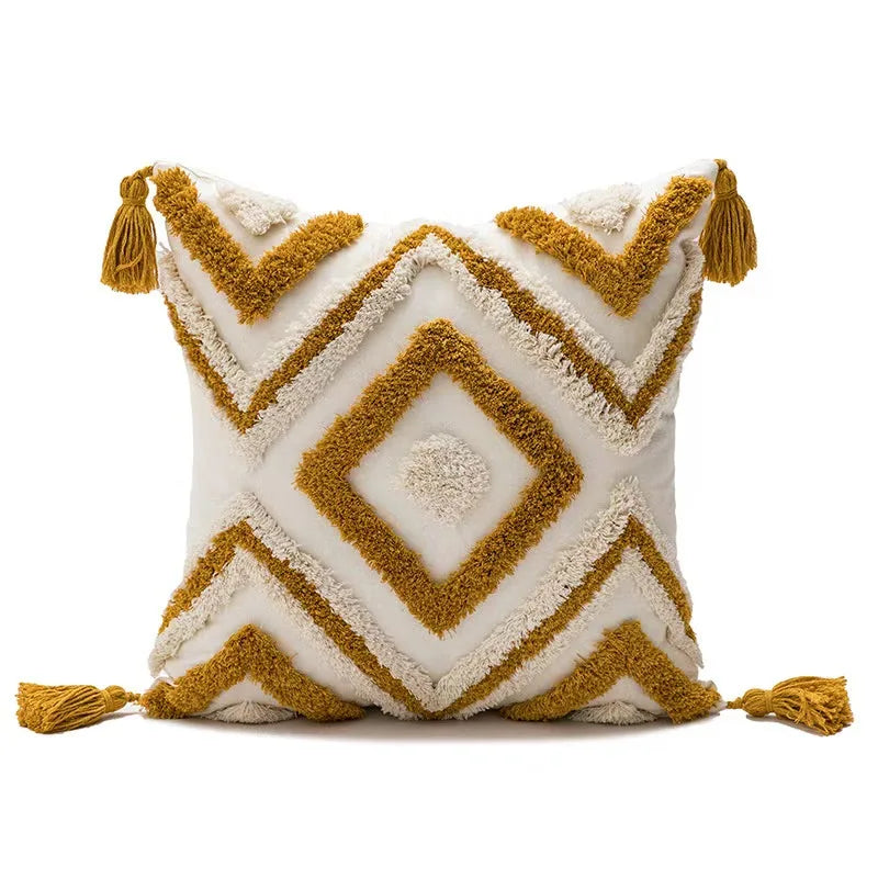 Nordic Blue Tufted Cushion Cover Geometric Stripe Grid Crochet Tassels Pillow Cover Decorative Home Decorative Cushions for Sofa