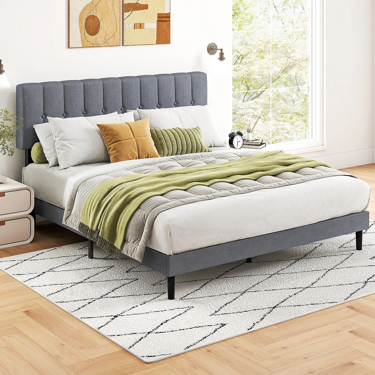 Basic Fabric Upholstered Bed Frame Platform Bed with Headboard Sturdy Wooden Slats Support Easy Assembly Noise Free
