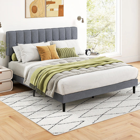 Basic Fabric Upholstered Bed Frame Platform Bed with Headboard Sturdy Wooden Slats Support Easy Assembly Noise Free
